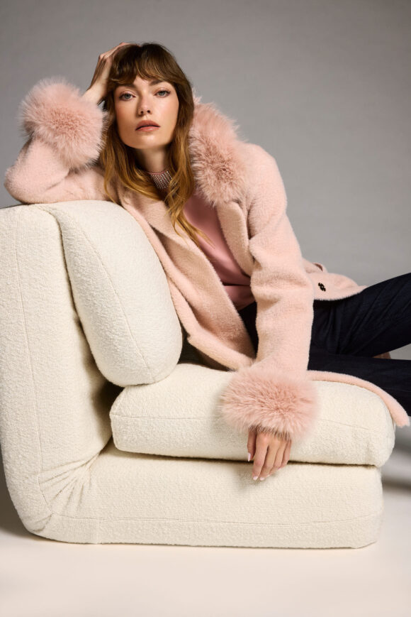 Joseph Ribkoff 243923 Rosé Feather Yarn and Faux Fur Knit Coat