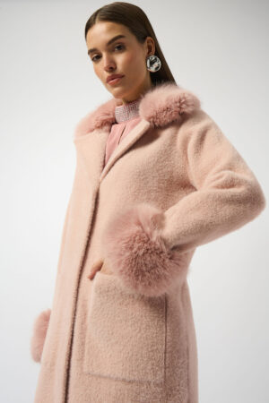 Joseph Ribkoff 243923 Rosé Feather Yarn and Faux Fur Knit Coat
