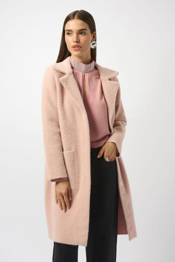 Joseph Ribkoff 243923 Rosé Feather Yarn and Faux Fur Knit Coat
