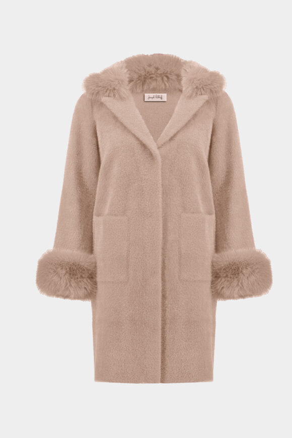 Joseph Ribkoff 243923 Rosé Feather Yarn and Faux Fur Knit Coat