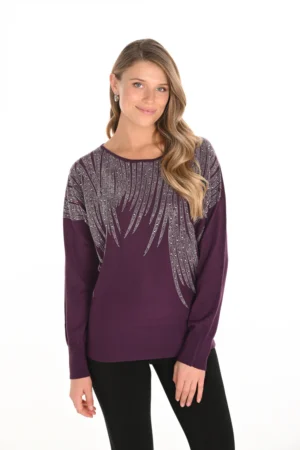 Frank Lyman 253772 Plum Rhinestone Detail Knit Top