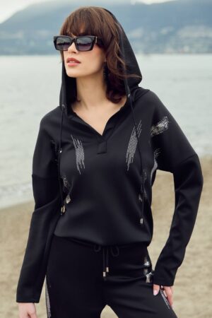 Frank Lyman 253776 Black Hooded Embellished Top