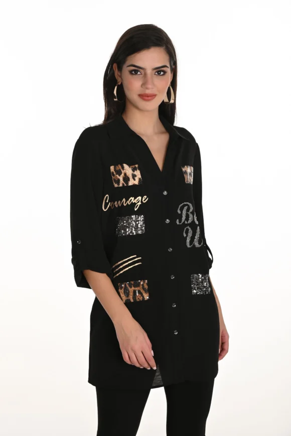 Frank Lyman 253824 Black/Multi V-Neck Casual Shirt
