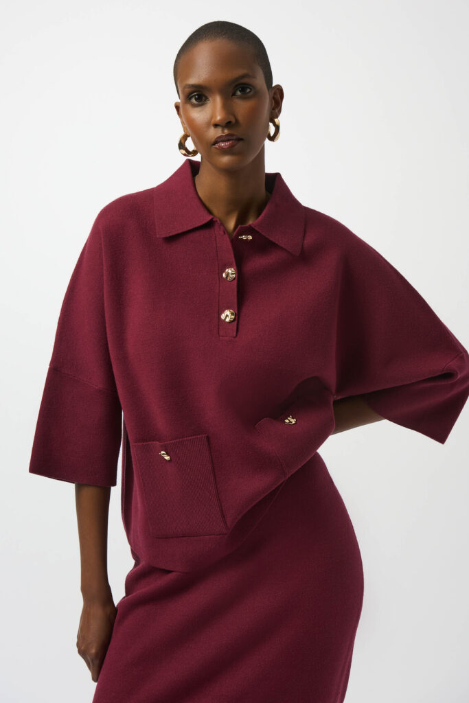 Joseph Ribkoff 253962 Merlot Sweater Knit Bell Sleeves Pullover