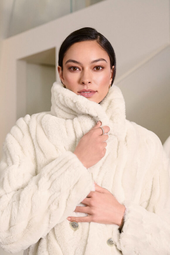 Joseph Ribkoff 254908 Textured Faux Fur Shawl Collar Coat