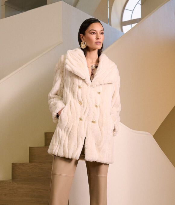 Joseph Ribkoff 254908 Textured Faux Fur Shawl Collar Coat