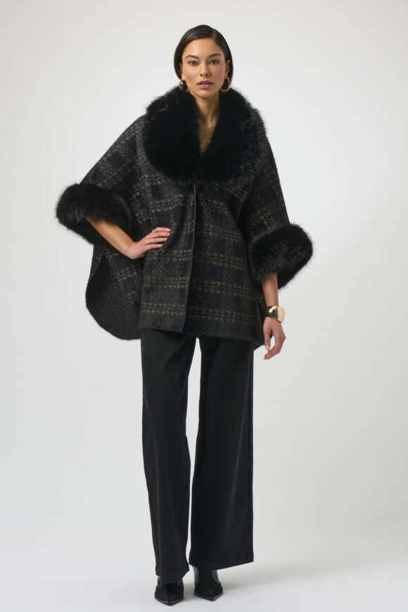 Joseph Ribkoff 254934 Black/Gold Knit Cape With Faux Fur