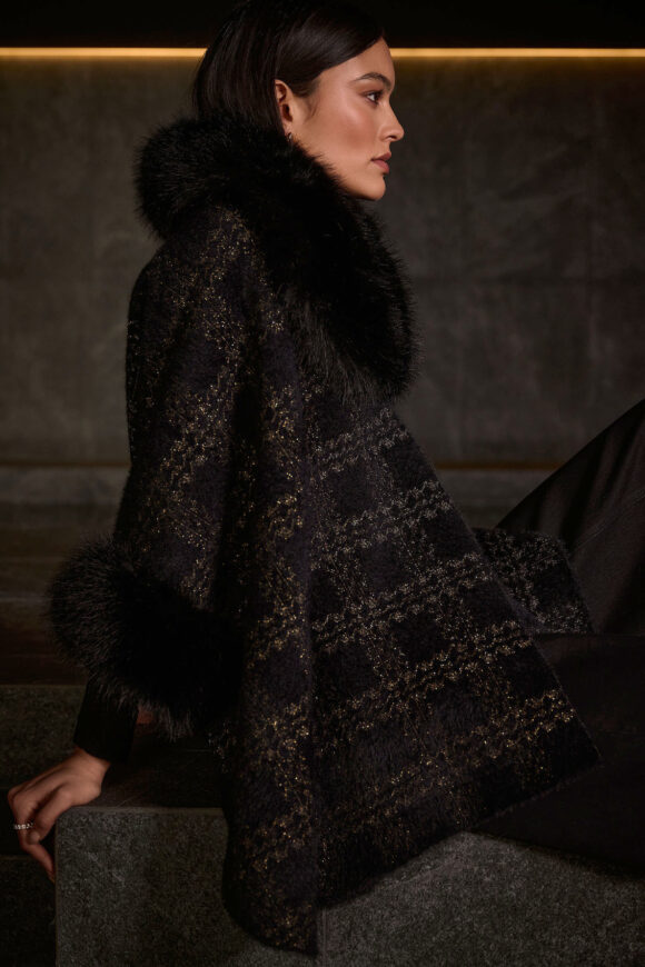 Joseph Ribkoff 254934 Black/Gold Knit Cape With Faux Fur