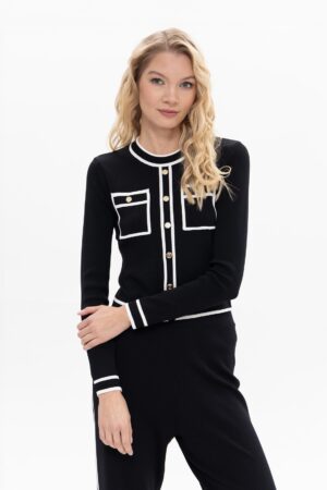 Passioni 18069 Black/White Button Detail Knit Top