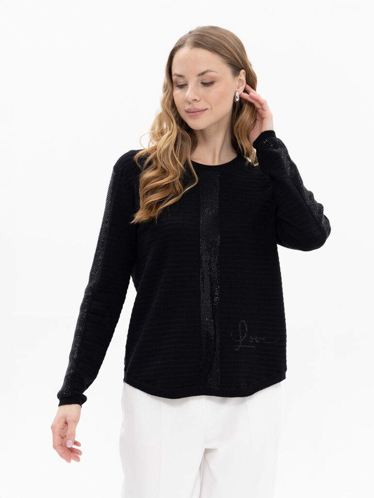 Passioni 18096 Black Rhinestone Detail Knit Top