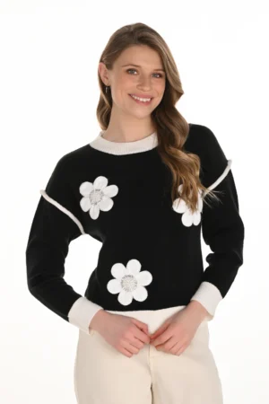 Frank Lyman 254912 Black/Off White Flower Detail Knit Top