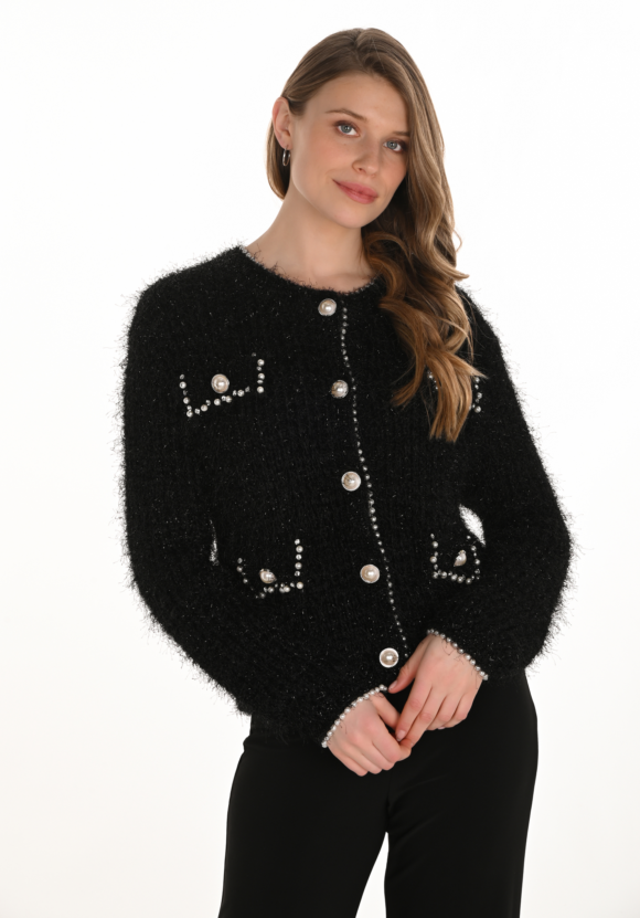 Frank Lyman 254929 Black/Silver Pearl Embellished Cardigan