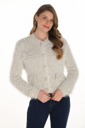 Frank Lyman 254929 Ivory/Gold Pearl Embellished Cardigan