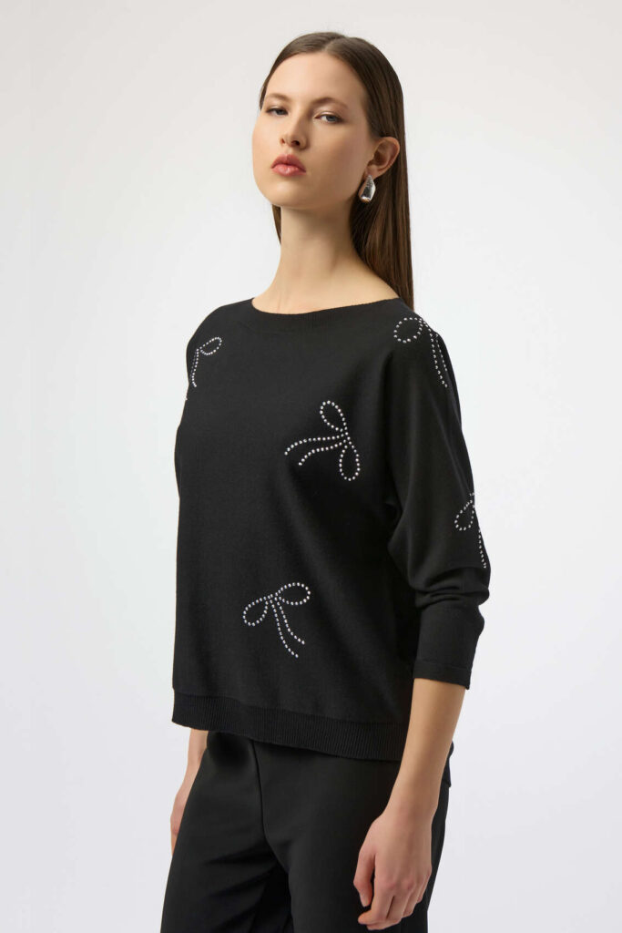 Joseph Ribkoff 254950 Black Iron-On Bow Detail Knit Top