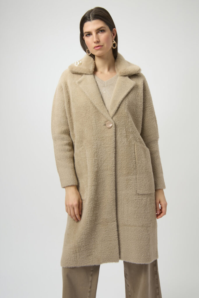 Joseph Ribkoff 254954 Feather Yarn And Faux Fur Sweater Coat