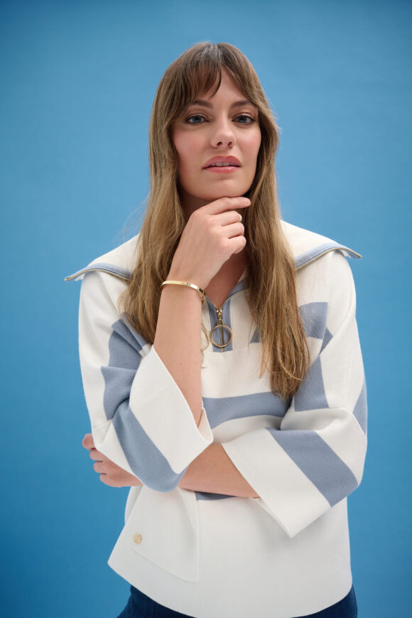 Joseph Ribkoff 261983 Stripe Print Sweater With Zipped Collar
