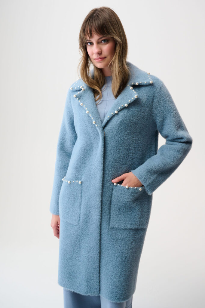 Joseph Ribkoff 261997 Chambray Knit Coat With Pearl Detail