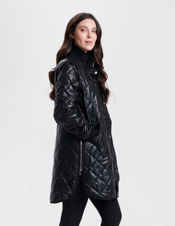 Nikki Jones 8005 Black Convertible Vegan Leather Quilted Coat