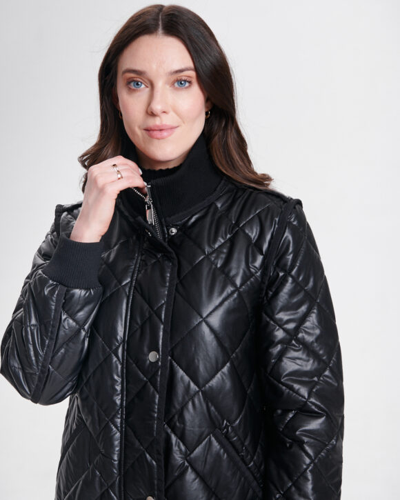 Nikki Jones 8005 Black Convertible Vegan Leather Quilted Coat