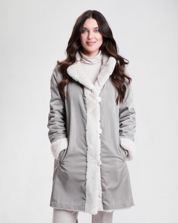Nikki Jones 8129 Ecru/Winter White Faux Fur Reversible Coat