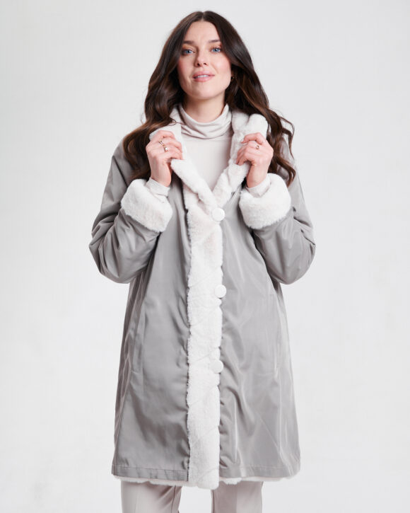 Nikki Jones 8129 Ecru/Winter White Faux Fur Reversible Coat