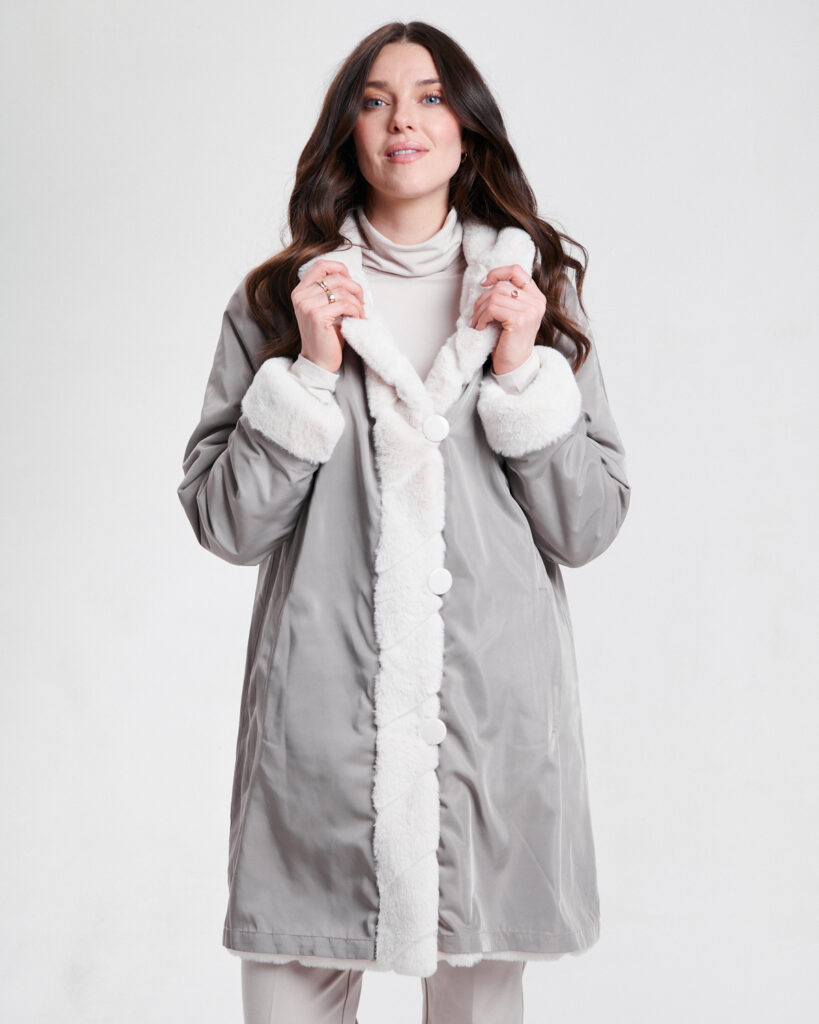 Nikki Jones 8129 Ecru/Winter White Faux Fur Reversible Coat