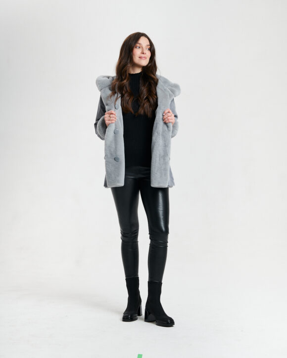 Nikki Jones 8130 Grey Faux Fur Reversible Hooded Jacket
