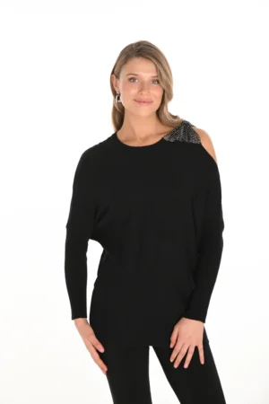 Frank Lyman 253741 Black Bow Detail Embellished Knit Top