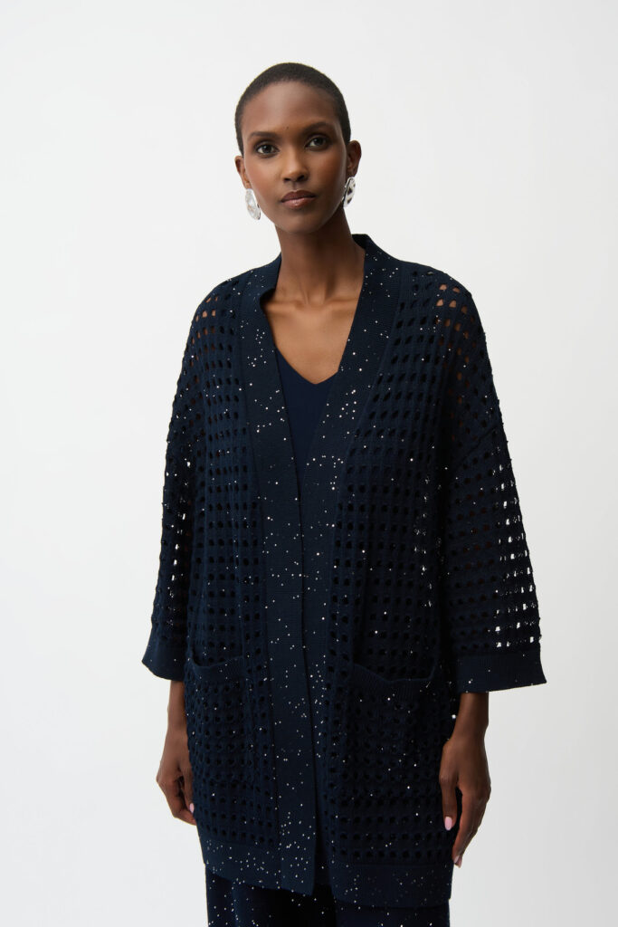 Joseph Ribkoff 261926 Midnight Blue Knit Cover-Up With Sequins