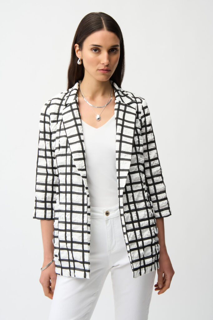 Joseph Ribkoff 261268 Off-White/Black Jacquard Plaid Print Blazer