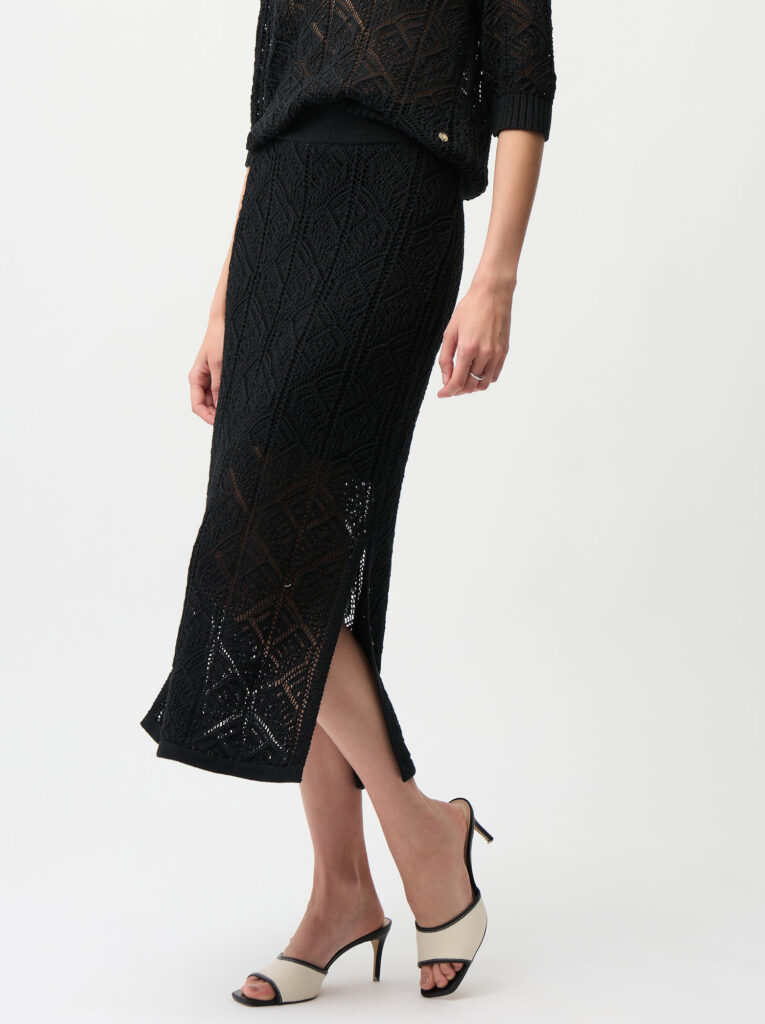 Joseph Ribkoff  261928 Black Cotton Blend Open Stitch Pencil Skirt
