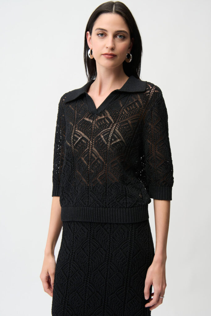 Joseph Ribkoff 261929 Black Cotton Blend Open Stitch Knit Top