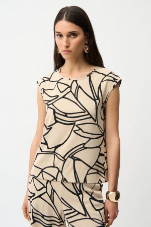 Joseph Ribkoff 261125 Beige/Black Woven Abstract Print Top