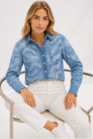 Orly 261135 Blue Mix Long Sleeve Chiffon Blouse