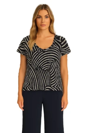 Orly 261198 Navy/White Print Short Sleeve Pleated Top