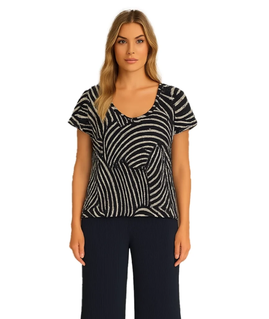 Orly 261198 Navy/White Print Short Sleeve Pleated Top