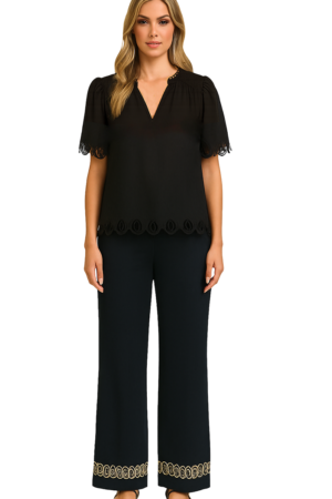 Orly 261277 Black Embroidered Short Sleeve V-Neck Top
