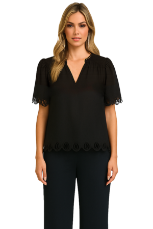 Orly 261277 Black Embroidered Short Sleeve V-Neck Top