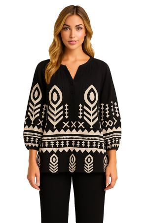 Orly 261284 Black/Beige Print Pleated V-Neck Top