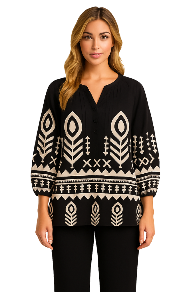 Orly 261284 Black/Beige Print Pleated V-Neck Top