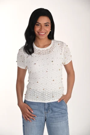 Frank Lyman 266510 Off-White Gold Jewel Embellished Knit Top