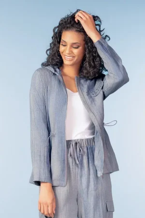 Alison Sheri A47079 Indigo Eyelet Detail Hooded Jacket