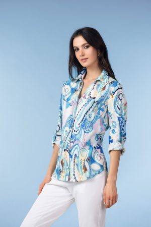 Alison Sheri A47152 Blue/Multi Print Linen Mix Blouse