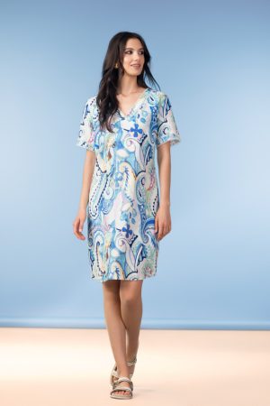 Alison Sheri A47168 Blue/Multi Print V-Neck Dress