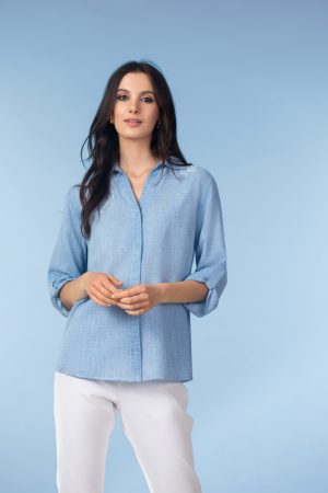 Alison Sheri A47445 Blue Embroidered Linen Mix Blouse