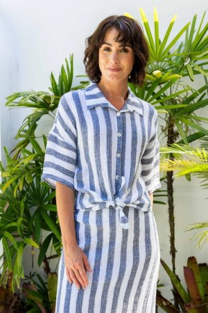 See Saw USS467 Navy/White Striped Half Sleeve Linen Shirt