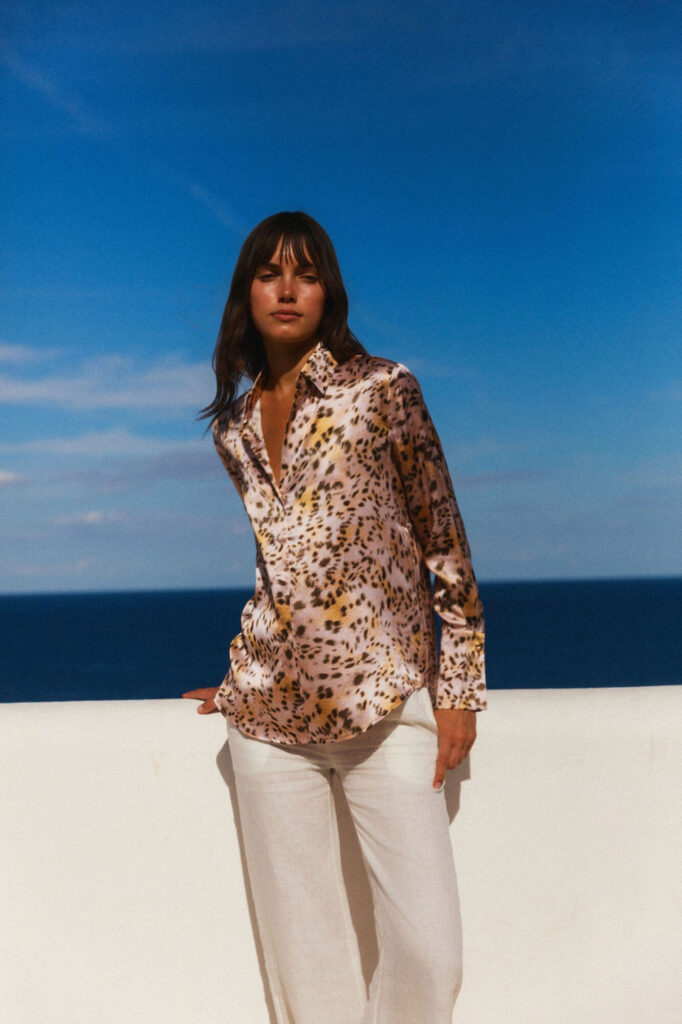 Catherine Gee Blush/Leopard Daria French Cuff Silk Blouse