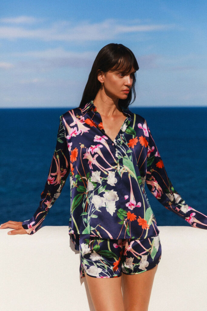 Catherine Gee Midnight Bloom Daria French Cuff Silk Blouse