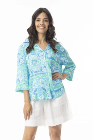 Orientique 12268 Montevideo Aqua/Multi 3/4 Sleeve Shirt