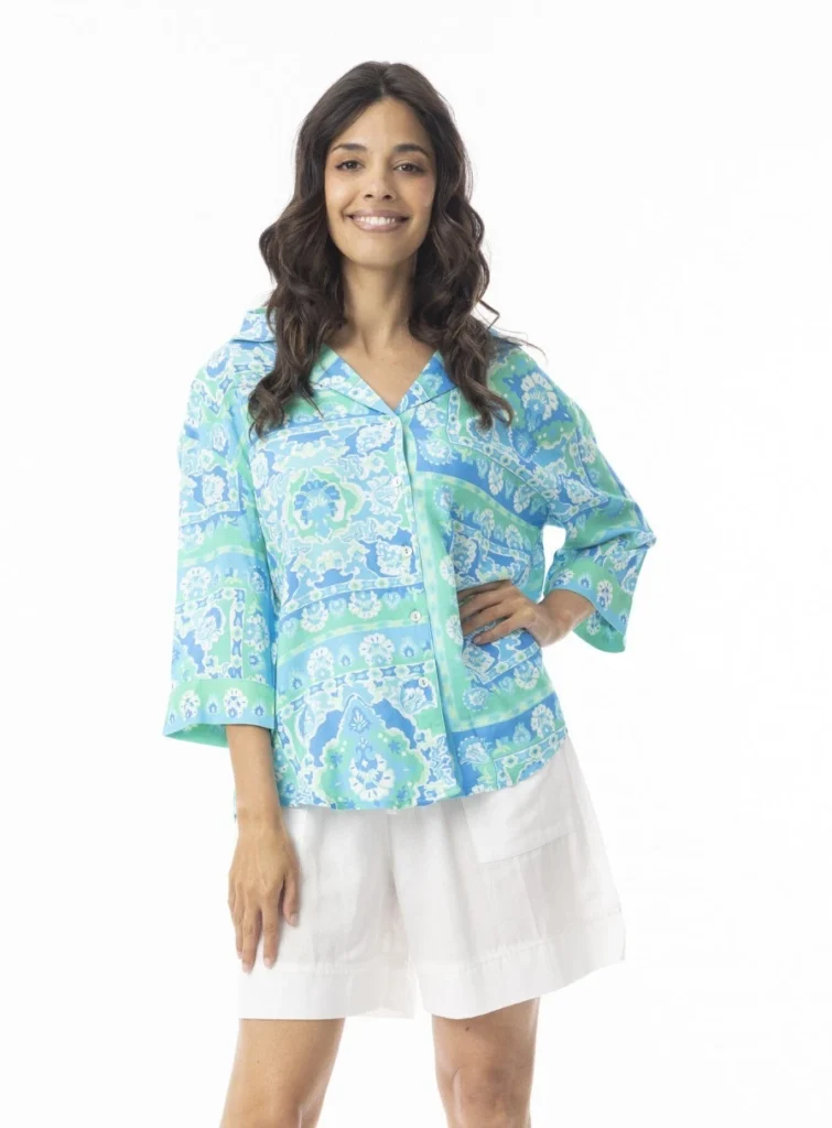 Orientique 12268 Montevideo Aqua/Multi 3/4 Sleeve Shirt